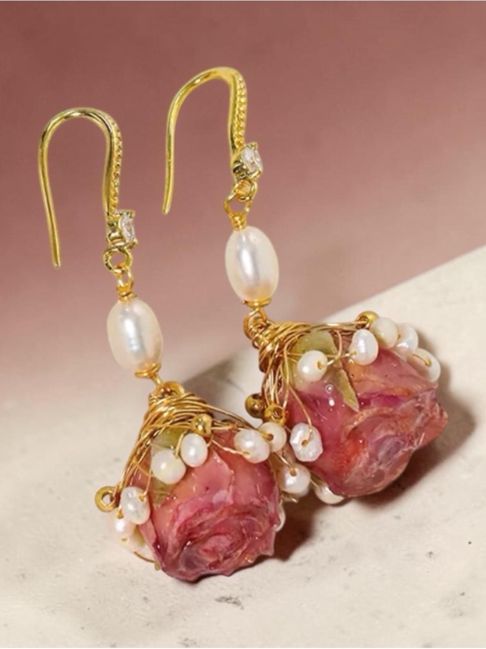 Handcrafted Pink Rose and freshwater Pearl Gold Drop Earrings for Women